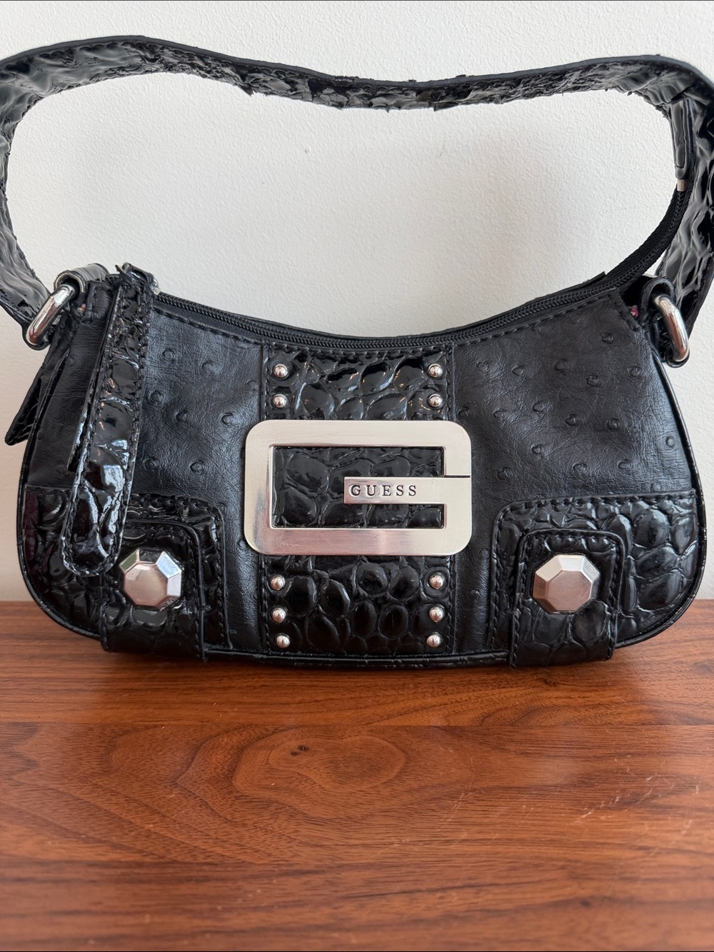 GUESS Vintage Y2K Black Ostrich -Embossed Mini Hobo Shoulder Bag
